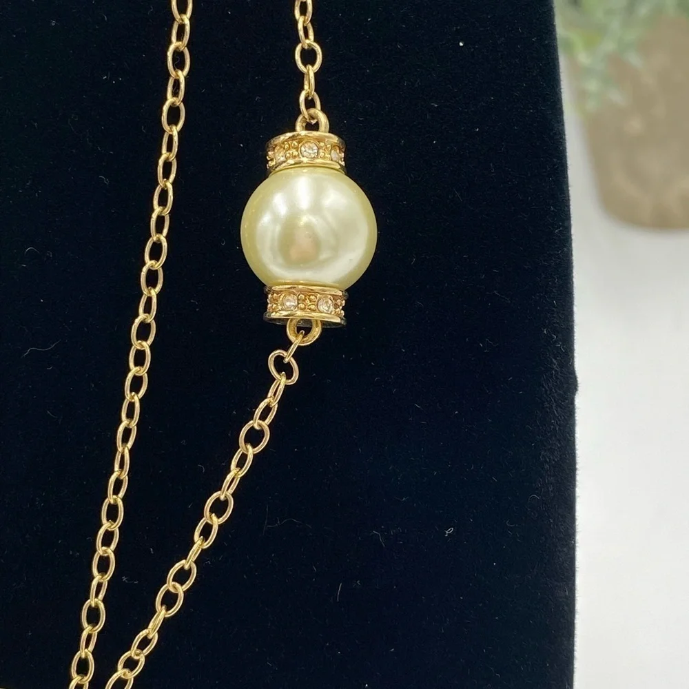 J. Crew Faux‎ Pearl and Rhinestone Necklace Long Strand Necklace Gold Tone